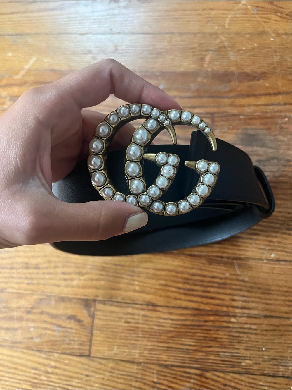 Gucci Black Leather Belt with Pearl-Studded Double G Buckle
